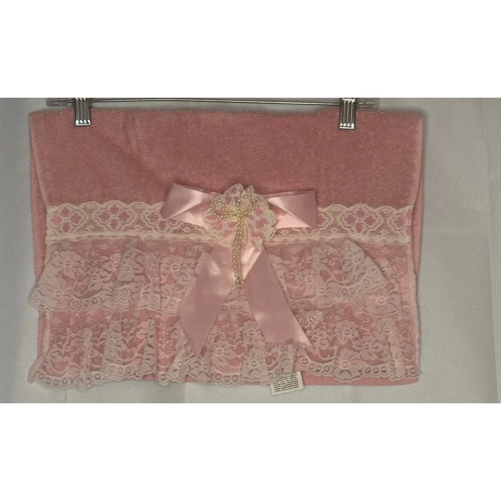 VTG Stevens Pink Bath Hand Towel Set Lace Bow Pearls Victorian Shabby Chic
